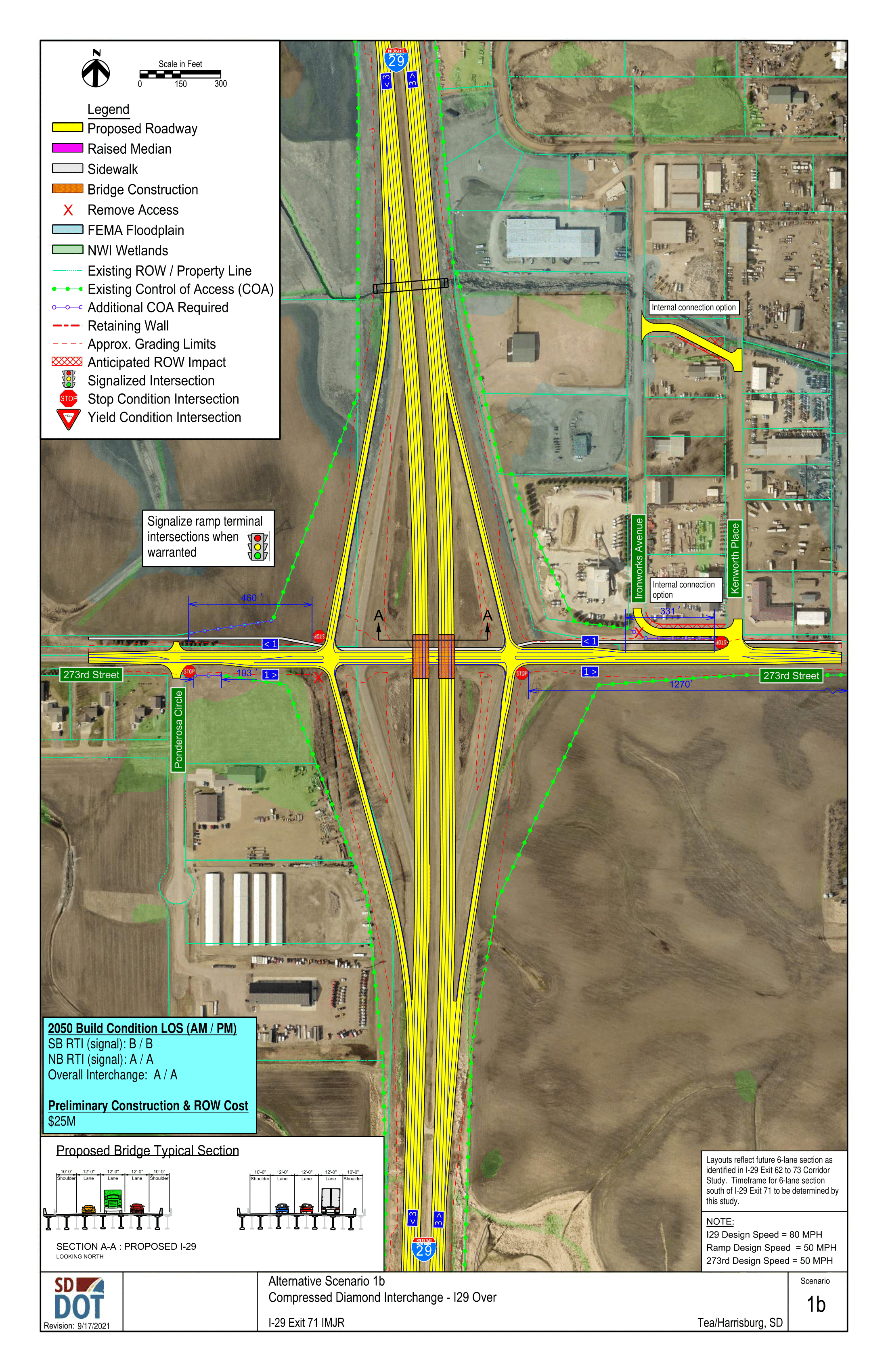 This image shows the conceptual layout of a Compressed Diamond Interchange, and what the road over it would look like. Details on the diagram include proposed roadway, raised median, sidewalk, bridge construction, access control, FEMA floodplain, NWI wetlands, existing Right of Ways and property lines, existing control of access points, additional control of access points needed, retaining walls, grading limits, anticipated right of way impacts, signalized intersections, stop condition intersections and yield condition intersections.